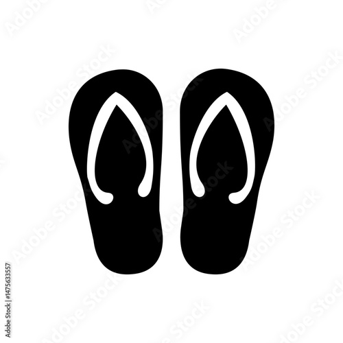 Two black flip flops with white straps are displayed side by side in a symmetrical and minimalist design