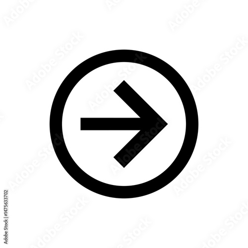 Black arrow pointing right enclosed in a black circle on a white background simple graphic illustration