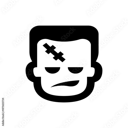 Illustration of a frankenstein monster head with stitches on forehead in black and white simple design