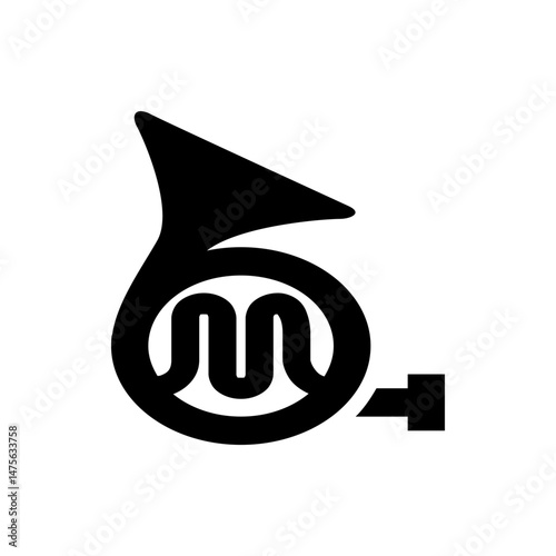 Stylized black and white tuba instrument with a unique coil design and a mouthpiece illustration shown