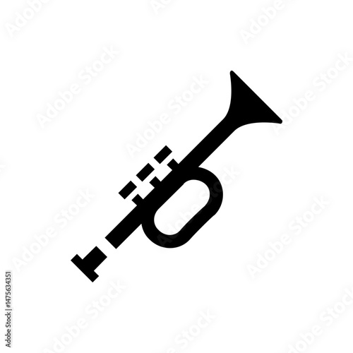 Illustration of a black trumpet with a bell and valves on a white background in a simple graphic style