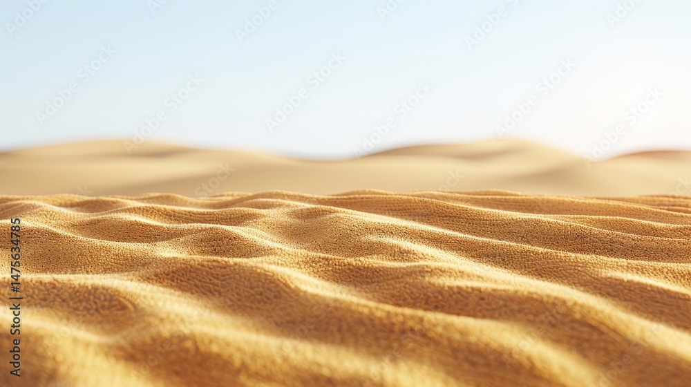 Serene Desert Landscape with Gentle Sand Dunes and Clear Blue Sky at Sunrise, Evoking Tranquility and Natural Beauty in Arid Environment Serene Desert Landscape with Gentle Sand Dunes and Clear Blue Sky at Sunrise, Evoking Tranquility and Natural Beauty in Arid Environment