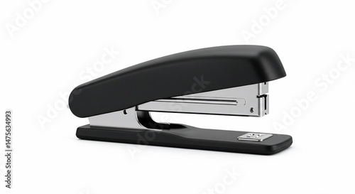 Black stapler office supply stationery tool paper fastener metal staple binding equipment isolated desk