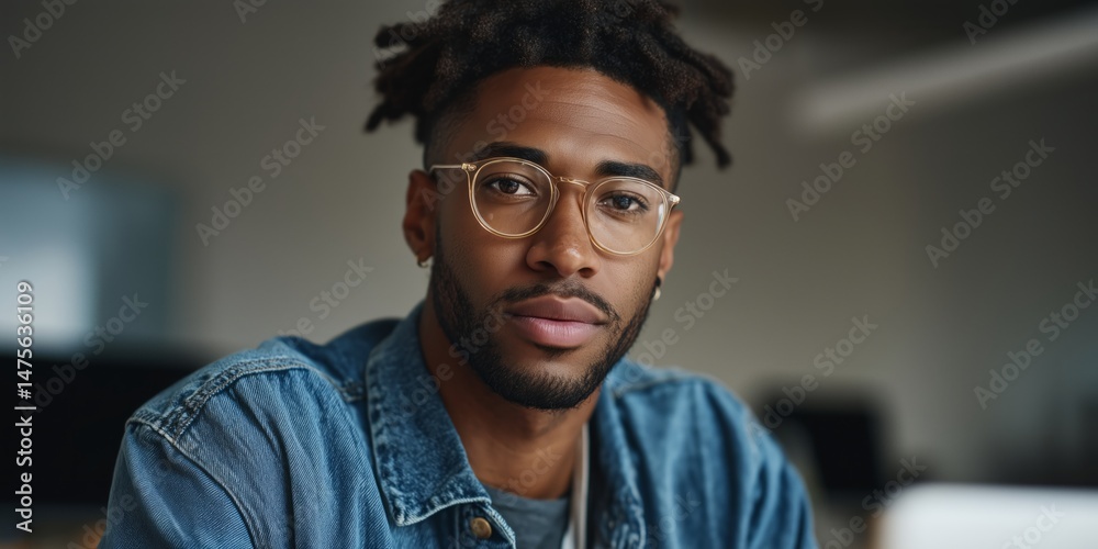 Fototapeta premium Young african male wearing glasses and denim jacket in casual indoor setting