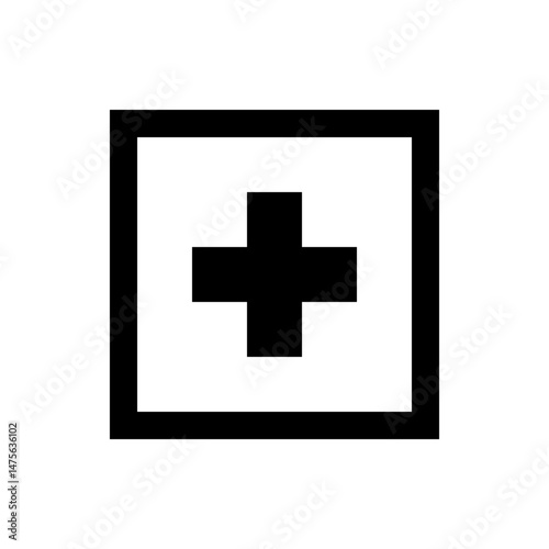 Illustration of a black plus sign centered within a white square with a thick black border around the edge