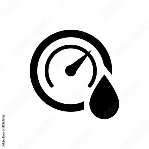 Illustration of a gauge with a needle pointing upwards and a teardrop shape on the bottom right side