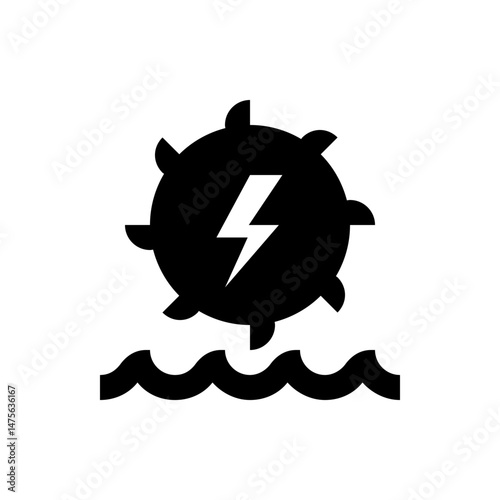 Illustration of a tidal turbine with a lightning bolt symbol above wavy lines representing water source