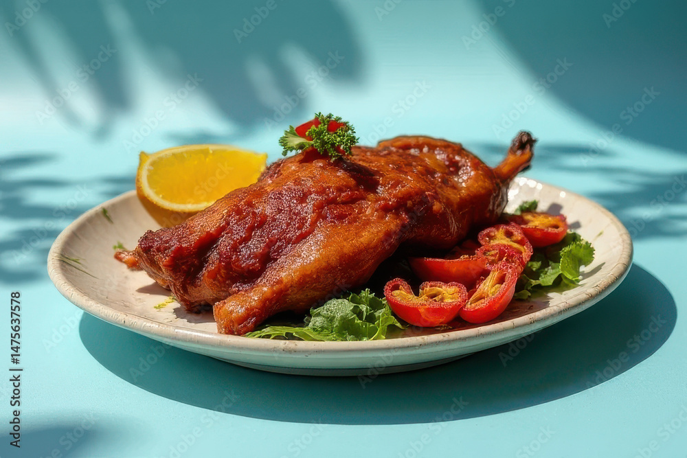 Delicious Peking Duck Brunch in Sunny Backyard Corner with Dusty Blue Background and Natural Light Delicious Peking Duck Brunch in Sunny Backyard Corner with Dusty Blue Background and Natural Light