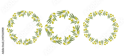 Wreath set of Olives Fruit with leaves for Mediterranean, vegan diet, organic cosmetic. Olive twigs, berries round frame. Vector flat illustration for label, advertisement, packaging, , logo design
