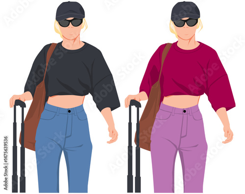 Flat vector illustration kpop idol with suitcase. Korean dancer on vacation. Idol group female fashion model wearing colorful outfit. Asian beauty model on casual style. Elegant woman.