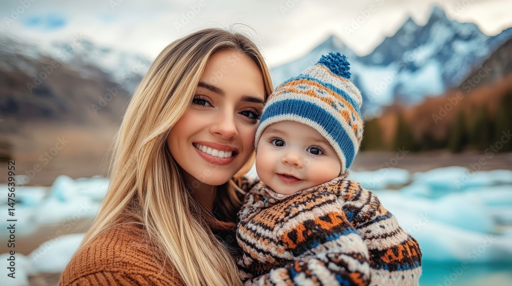 Obraz premium Smiling woman holds baby in warm sweater by icy glacier lake, with stunning mountains and soft clouds in beautiful scenic landscape
