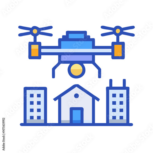 Drone inspecting buildings icon, remote property inspection