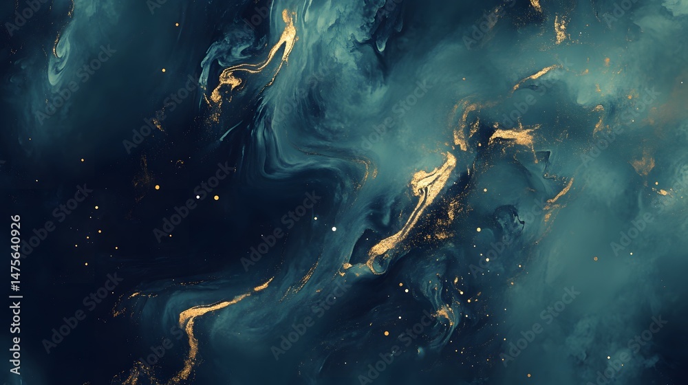 Abstract Swirling Blue Teal and Gold Paint Texture