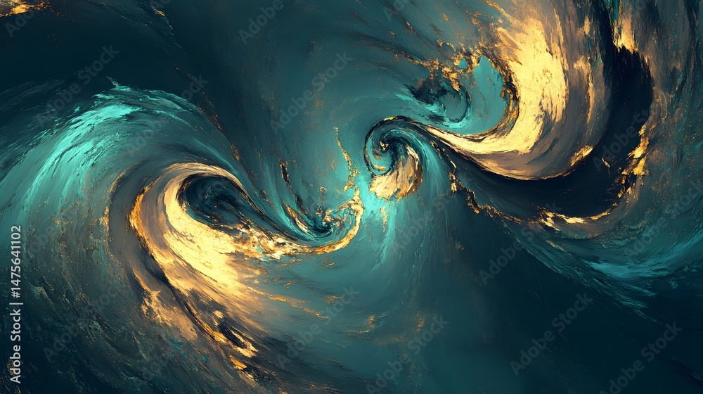 Abstract Swirling Blue Teal and Gold Paint Texture