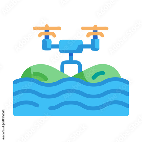 Drone over water and hills, vector illustration icon