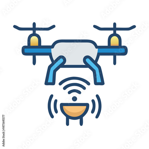 Blue drone with radio waves on black background