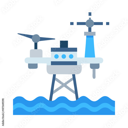 Offshore Wind Farm Platform Vector Illustration on Black Background