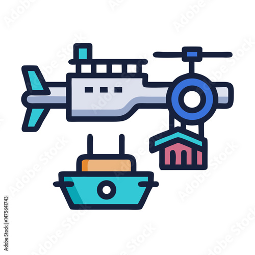 Creative Delivery Drone Flying with Package and Building Icon