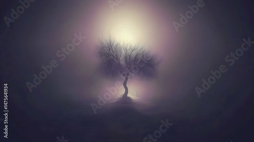 Lone tree in misty field, ethereal light, peaceful background, perfect for meditation or fantasy