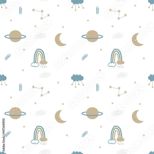 seamless minimal sky with star, cloud rainbow, moon and saturn repeat pattern in white background, flat vector illustration graphic design