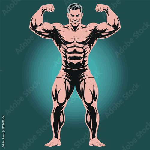 Bodybuilder Flexing Muscles, Male Fitness and Strength Illustration in Vector Style.