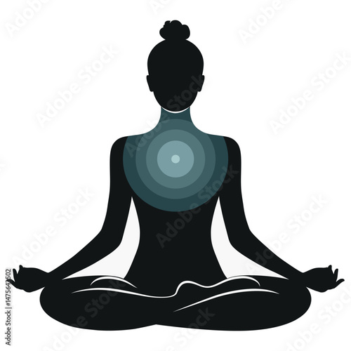 Meditating Woman Silhouette in Lotus Pose with Energy Center, Yoga and Mindfulness Vector Illustration.