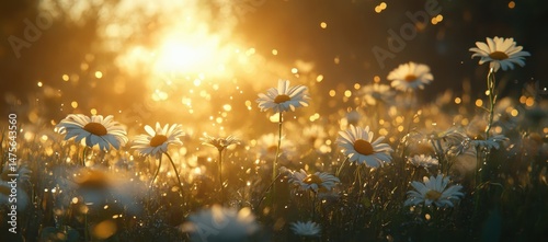 Sunset Glow Over Daisy Field with Warm Sunlight Through Petals
