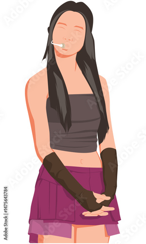 Flat vector illustration kpop idol dancing. Korean dancer performing choreography. Idol group female fashion model wearing brown dress. Asian beauty model perform on stage. Elegant woman vocalist.