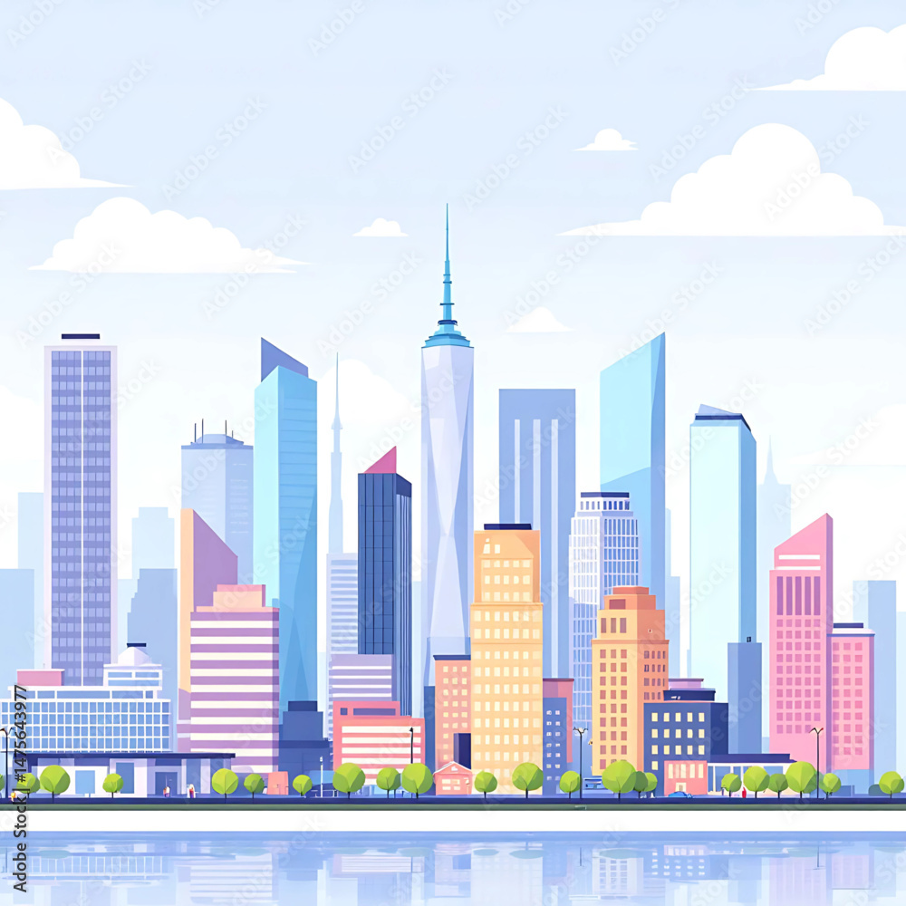 Obraz premium Cityscape illustration with skyscrapers and water reflection view