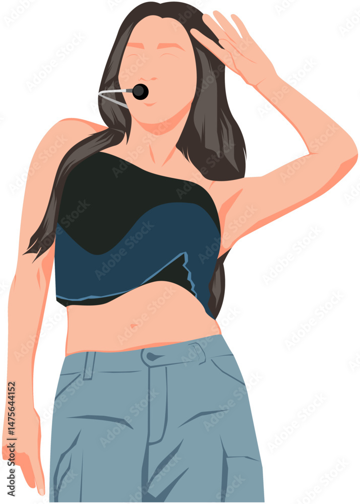 Flat vector illustration kpop idol dancing. Korean dancer performing choreography. Idol group female fashion model wearing black dress. Beautiful girl perform on stage. Elegant woman vocalist. Flat vector illustration kpop idol dancing. Korean dancer performing choreography. Idol group female fashion model wearing black dress. Beautiful girl perform on stage. Elegant woman vocalist.