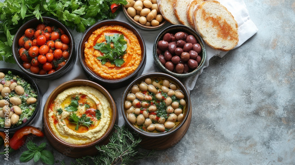 Various dips & spreads, like hummus, with toppings & sides served in bowls on a marble-like surface Various dips & spreads, like hummus, with toppings & sides served in bowls on a marble-like surface