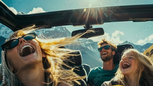 Family Road Trip with Children Laughing in a Car during Adventure