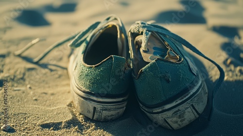 Small Worn Out Shoes on Ground Symbolizing Lost Childhood Moments