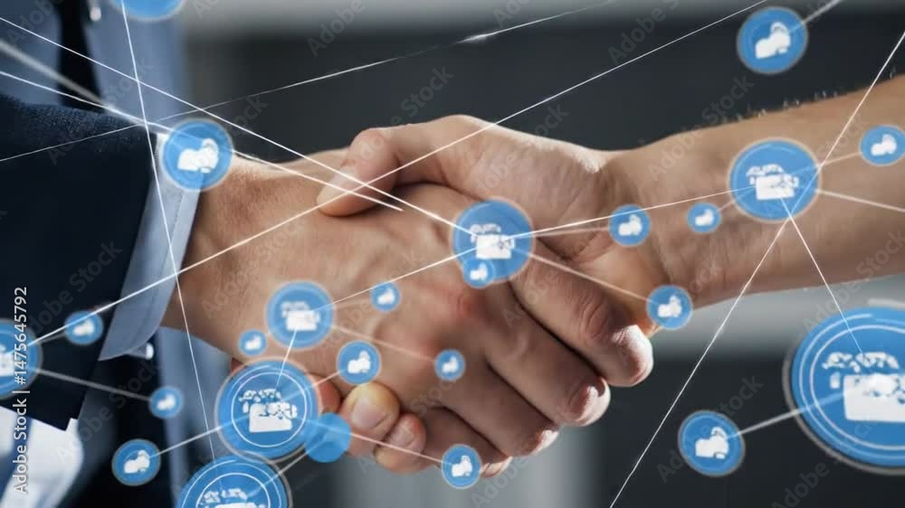 A digital handshake connecting hands with blue icons representing business and networking concepts shown
