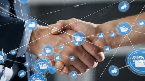 A digital handshake connecting hands with blue icons representing business and networking concepts shown
