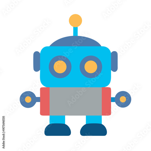 Cartoon blue robot with antenna, on black background