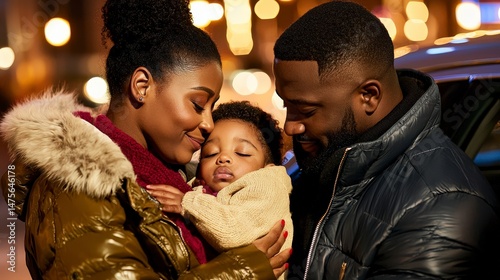 Family Moment with Sleepy Child After Long Day in Dim Lighting