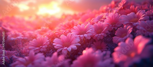 Sunset Glow Over Daisy Field with Warm Sunlight Through Petals