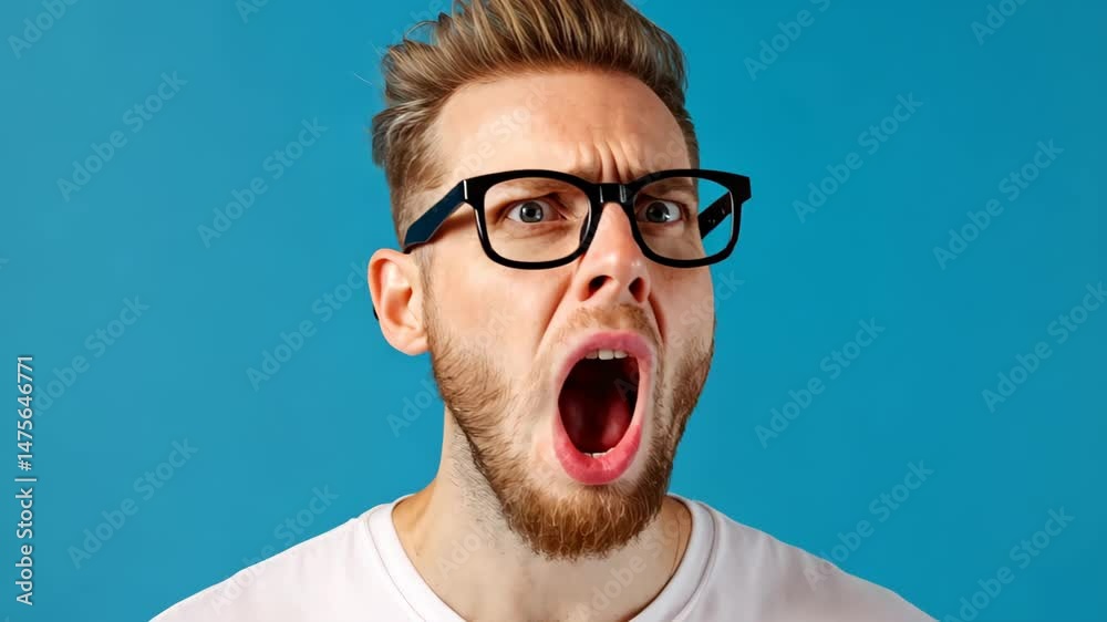 Man in Shock: A man with a shocked expression stares into the camera with mouth agape,  wearing eyeglasses and a casual white shirt.