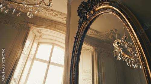 Elegant Antique Mirror and Chandelier in Luxurious Apartment Interior