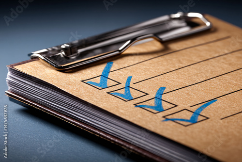 Checklist complete with blue check marks on a brown clipboard against a dark blue background.
