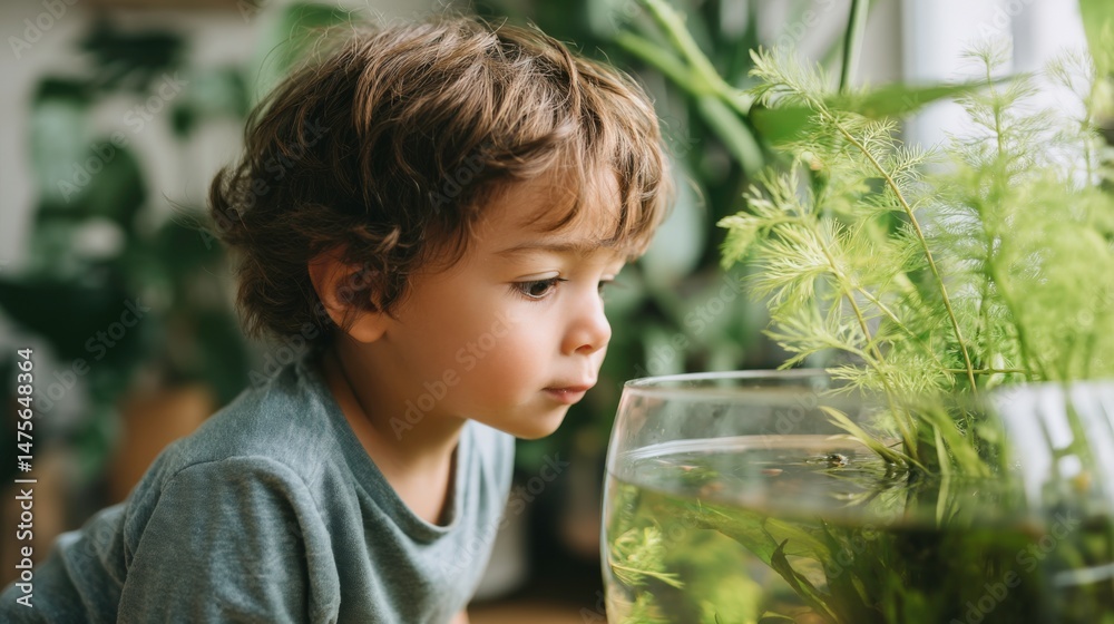 Fototapeta premium Curious Child Observes Fish in Glass Bowl Surrounded by Lush Green Plants in Bright and Airy Indoor Space