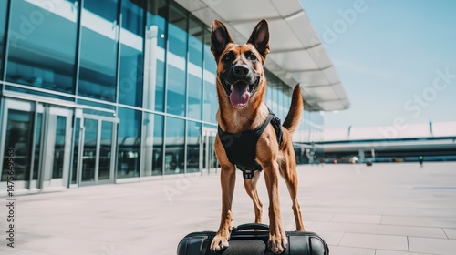 Dog Sniffing Suitcase at Airport for Illegal Drug Detection