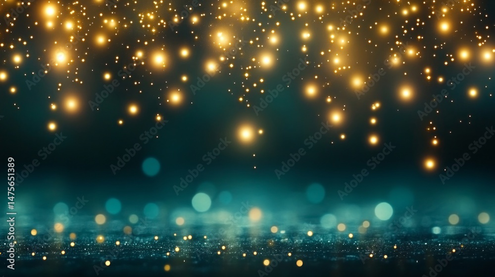 Obraz premium Dark festive background with glowing sparkles, golden shimmer, and turquoise accents. Ideal for holiday promos, elegant announcements, and celebratory visuals with copy space