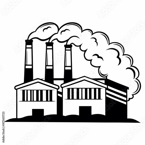 Simple Line Art Icon of a Factory Silhouette with Smoke Stacks, Representing Industrial Production and Manufacturing Processes for Web Design and Infographics.