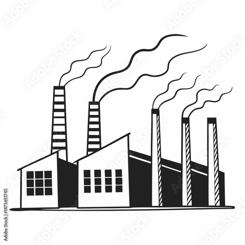Simple Line Art Icon of a Factory Silhouette with Smoke Stacks, Representing Industrial Production and Manufacturing Processes for Web Design and Infographics.