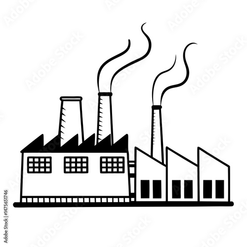 Simple Line Art Icon of a Factory Silhouette with Smoke Stacks, Representing Industrial Production and Manufacturing Processes for Web Design and Infographics.