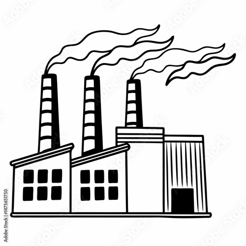 Simple Line Art Icon of a Factory Silhouette with Smoke Stacks, Representing Industrial Production and Manufacturing Processes for Web Design and Infographics.