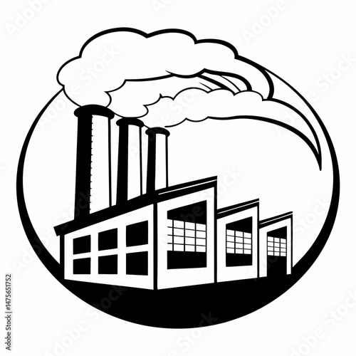 Simple Line Art Icon of a Factory Silhouette with Smoke Stacks, Representing Industrial Production and Manufacturing Processes for Web Design and Infographics.