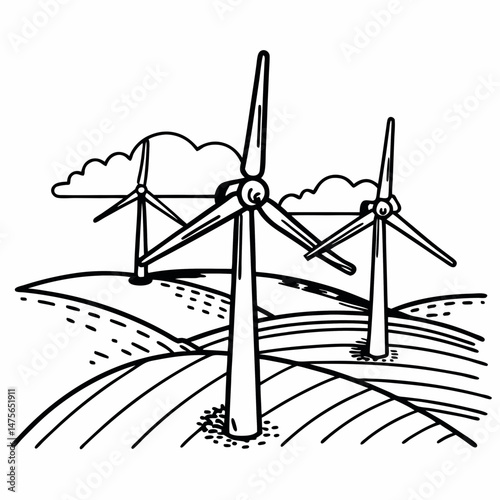 Detailed Line Drawing of a Wind Turbine Farm on Rolling Hills, Representing Renewable Energy and Sustainable Manufacturing Practices for Environmental Reports.
